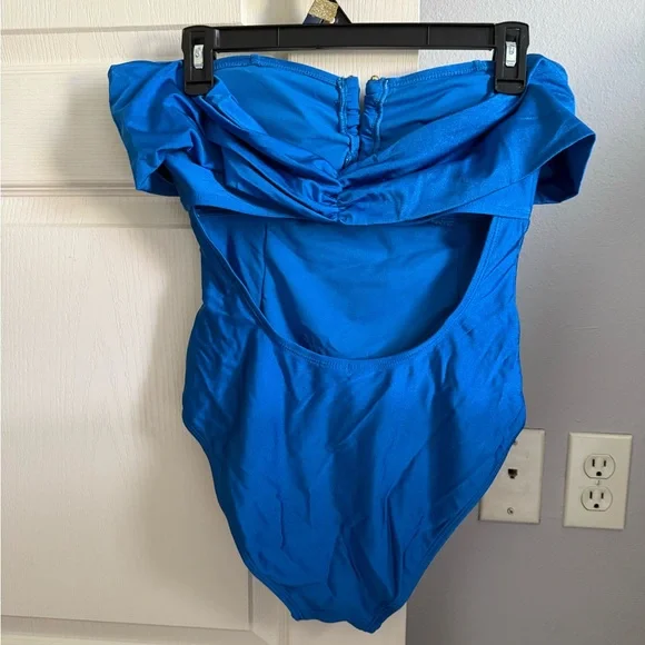 MYNAH Ruched Off-Shoulder One Piece Blue Swimsuit - Picture 3 of 3